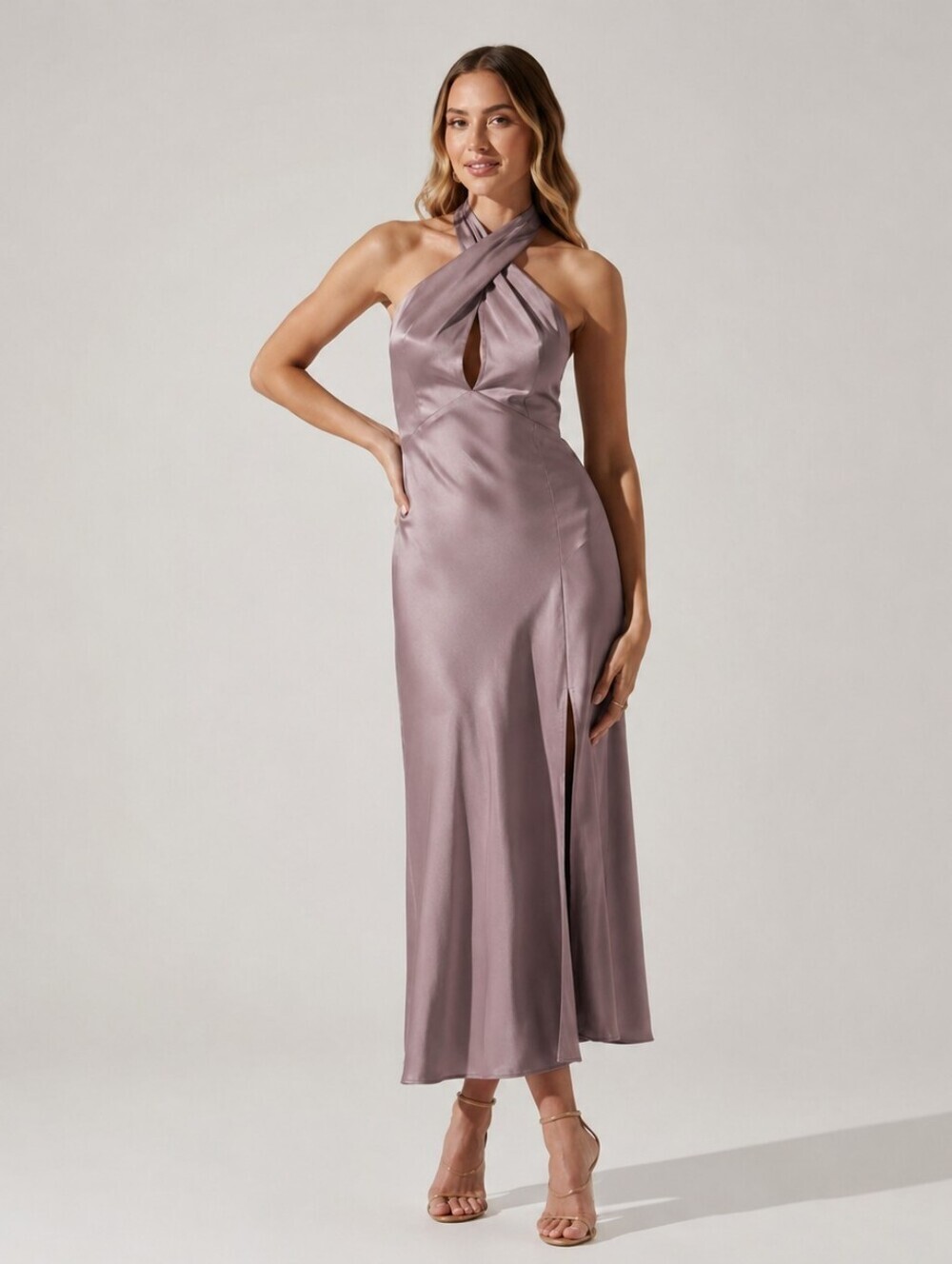 New ASTR The Label Marissa Satin Halter Midi Dress Small  Dusty Mauve Revolve